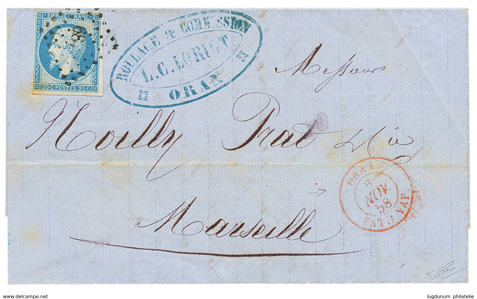 484 "ORAN BATEAU A VAPEUR En Rouge" : 1858 20c(n°14) Obl. PC 1896 + Cachet Rarissime ORAN BAT. A VAP. En Rouge (2 Ou 3 L - Autres & Non Classés