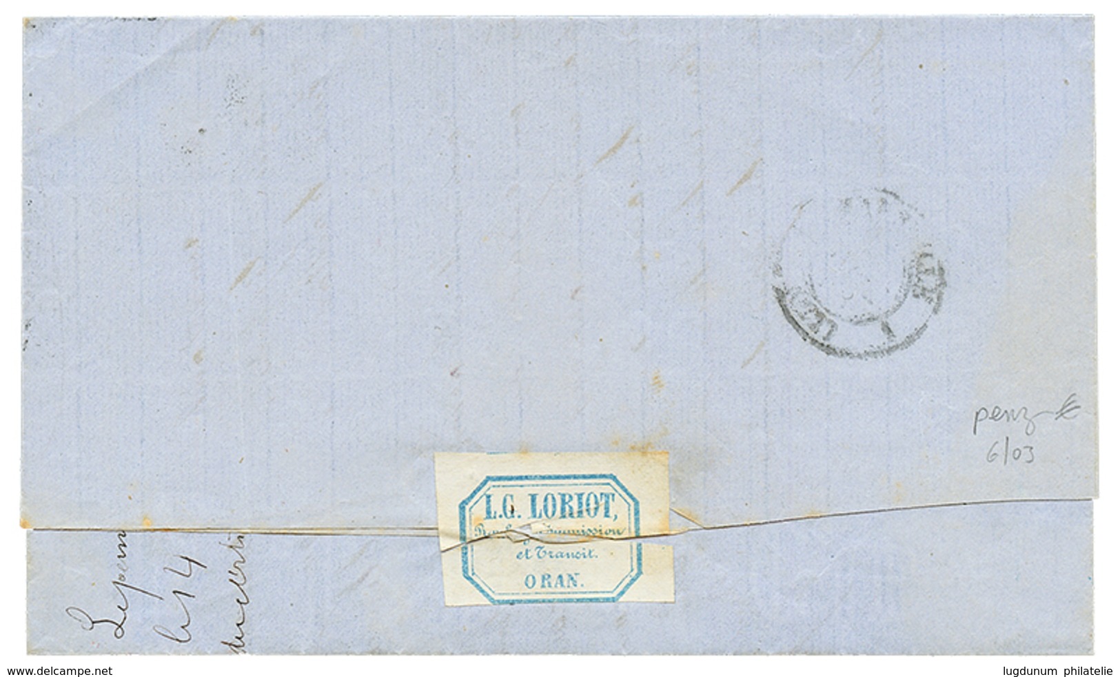 484 "ORAN BATEAU A VAPEUR En Rouge" : 1858 20c(n°14) Obl. PC 1896 + Cachet Rarissime ORAN BAT. A VAP. En Rouge (2 Ou 3 L - Autres & Non Classés