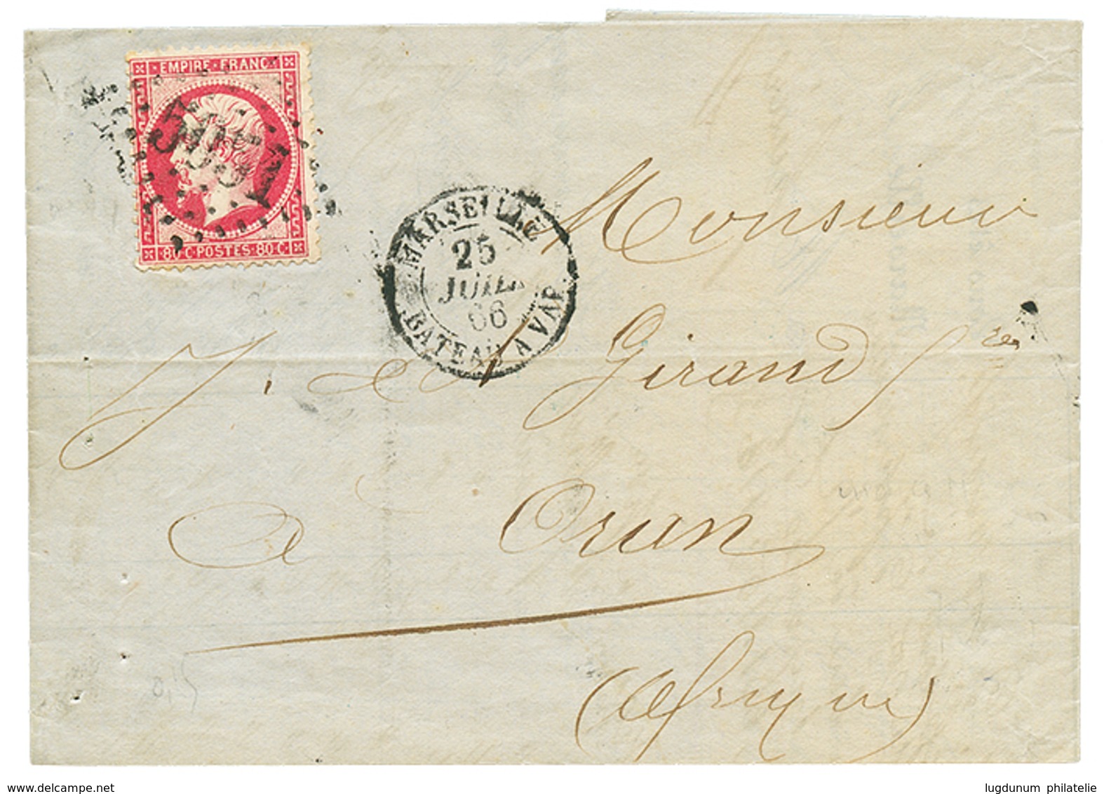 485 1866 80c(n°24) Obl. GC 5051 D' ORAN + MARSEILLE BATEAU A VAP. Sur Lettre Avec Texte De MARSEILLE Pour ORAN. Cachet M - Other & Unclassified