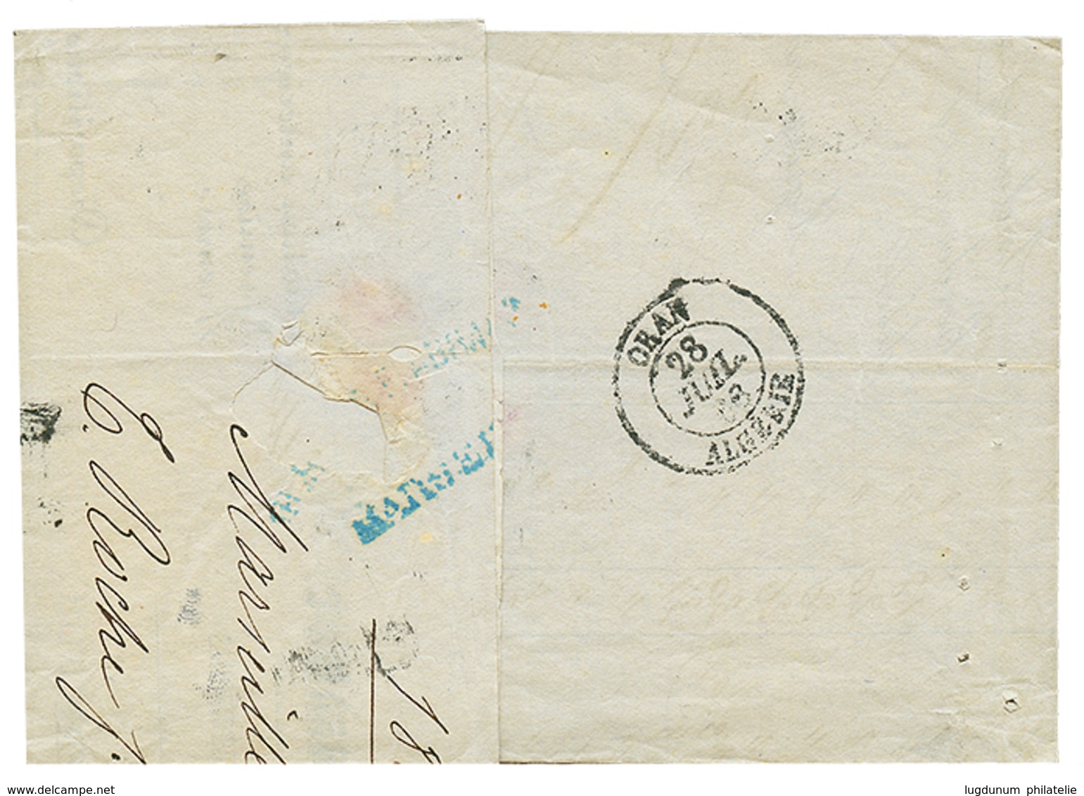 485 1866 80c(n°24) Obl. GC 5051 D' ORAN + MARSEILLE BATEAU A VAP. Sur Lettre Avec Texte De MARSEILLE Pour ORAN. Cachet M - Other & Unclassified