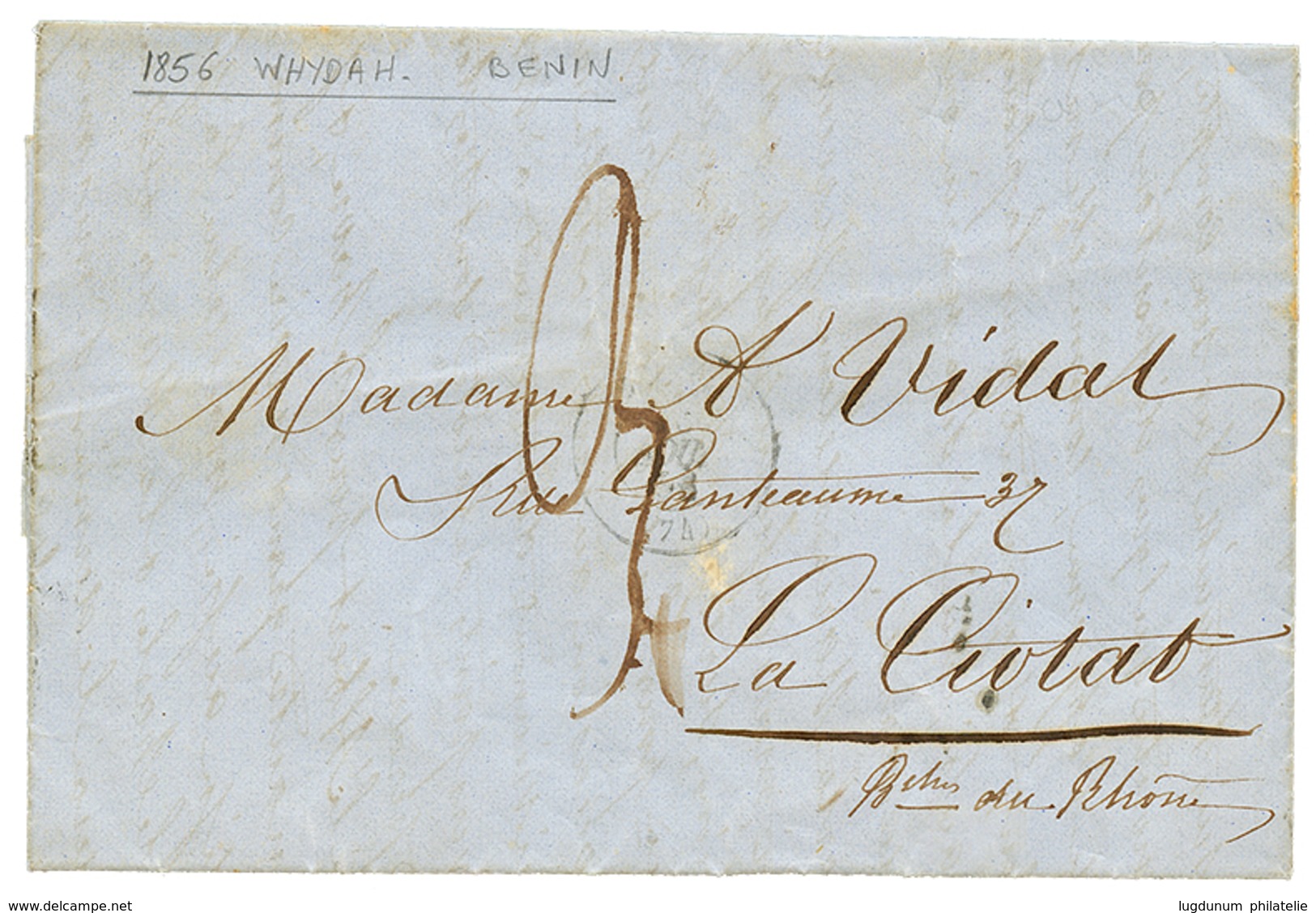 488 1856 Taxe "3" Sur Lettre Avec Texte Daté "WHYDAH" Pour La FRANCE. Origine Trés Rare à Cette Date. TB. - Altri & Non Classificati