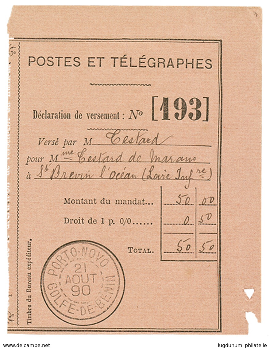 489 1890 Cachet Rare PORTO-NOVO GOLF-DE-BENIN Sur RECEPISSE De MANDAT Pour La FRANCE. Superbe. - Autres & Non Classés