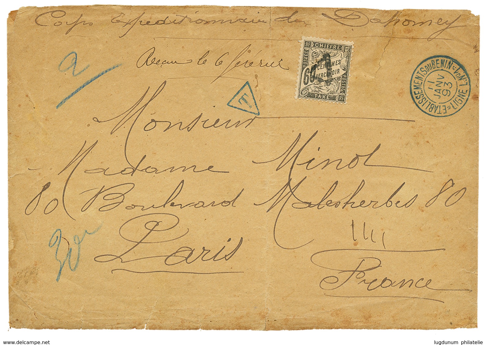 491 1893 ETABLISSEMENTS DU BENIN LIGNE L N°1 En Bleu + FRANCE Taxe 60c Noir Obl. Sur Enveloppe(pd) Taxée Du CORPS EXPEDI - Other & Unclassified