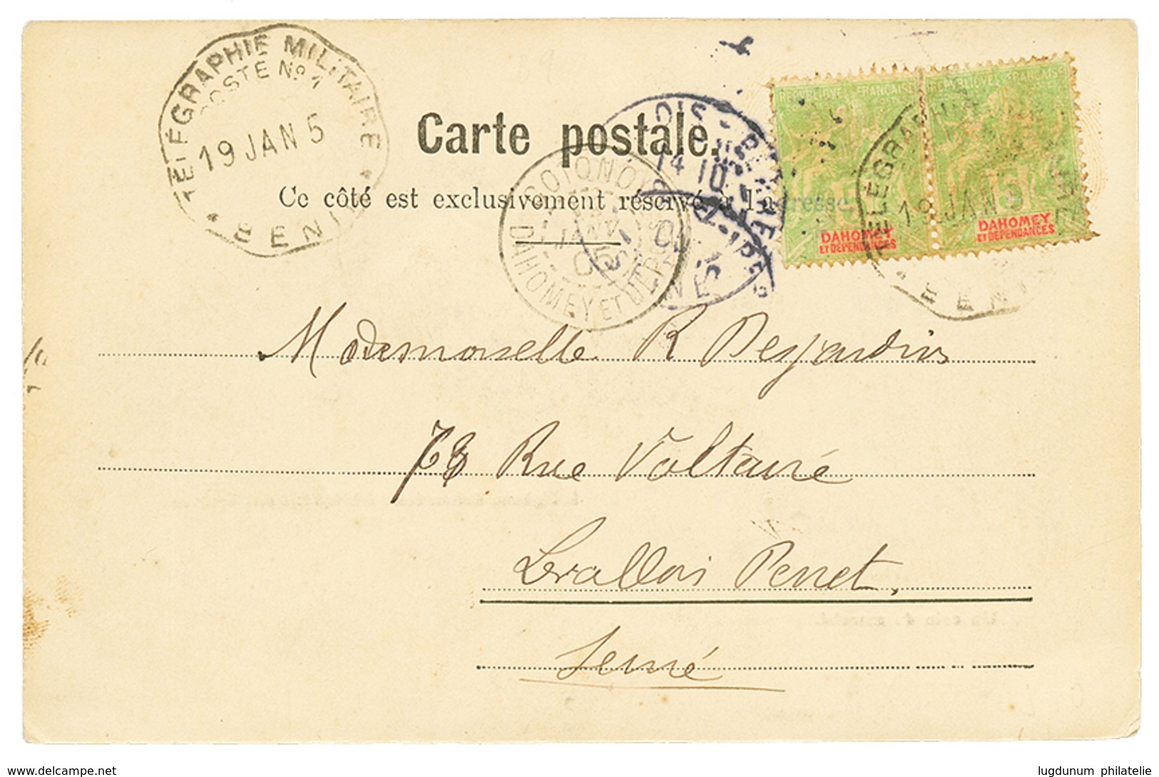 493 1905 5c(x2) Obl. TELEGRAPHIE MILITAIRE / POSTE N°1/ BENIN Sur Carte Pour La FRANCE. TB. - Autres & Non Classés
