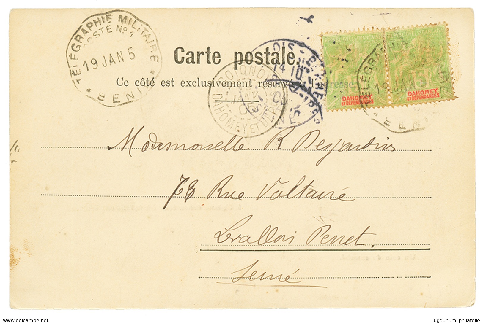 493 1905 5c(x2) Obl. TELEGRAPHIE MILITAIRE / POSTE N°1/ BENIN Sur Carte Pour La FRANCE. TB. - Altri & Non Classificati