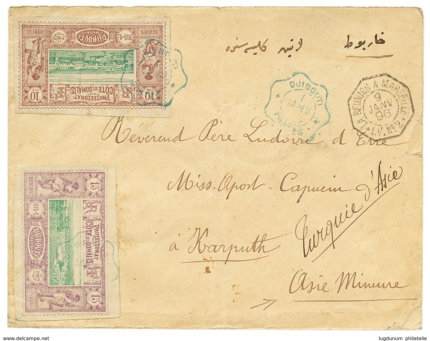 497 COTE DES SOMALIS Pour KARPUTH(ASIE MINEURE) : 1896 10c + 15c Obl. DJIBOUTI Sur Enveloppe Pour MISSION APOSTHOLIQUE à - Other & Unclassified