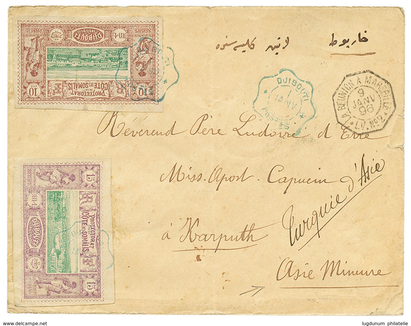 497 COTE DES SOMALIS Pour KARPUTH(ASIE MINEURE) : 1896 10c + 15c Obl. DJIBOUTI Sur Enveloppe Pour MISSION APOSTHOLIQUE à - Sonstige & Ohne Zuordnung