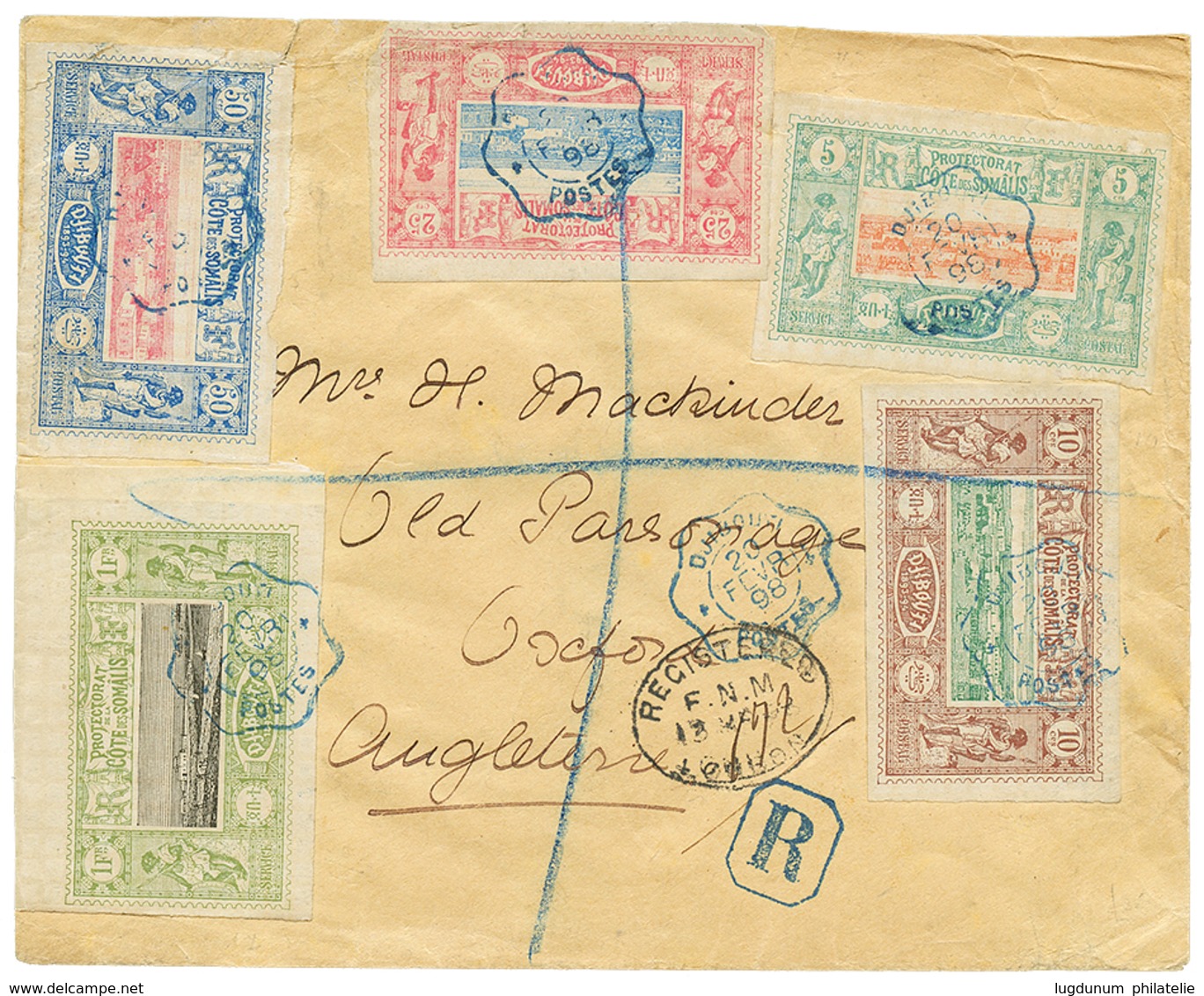 498 1898 5c+ 10c+ 25c+ 50c(pd)+ 1F Obl. DJIBOUTI Sur Enveloppe RECOMMANDEE Pour L' ANGLETERRE. TB. - Sonstige & Ohne Zuordnung