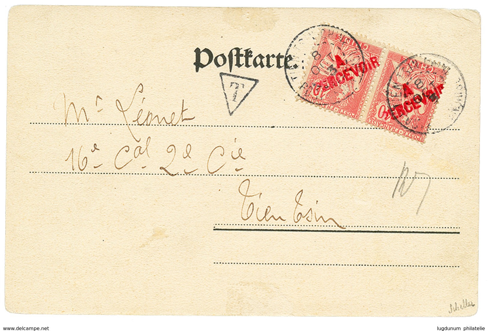 504 1903 TAXE 10c Surch. A PERCEVOIR(n°18)x2 Obl. TIENTSIN Sur Carte Pour Un Militaire à TIENTSIN. TIMBRES TAXES Trés Ra - Sonstige & Ohne Zuordnung