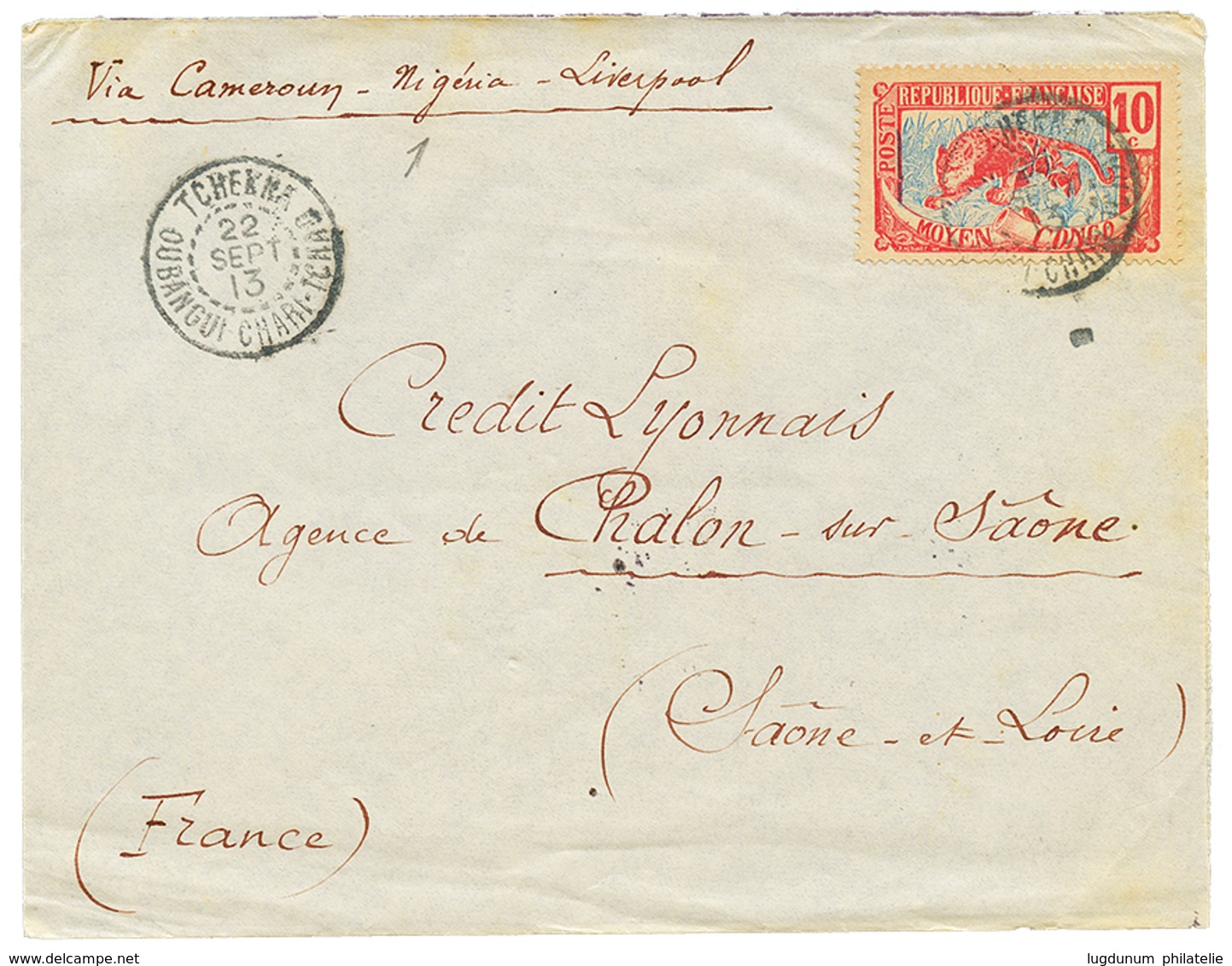 511 "TCHEKNA OUBANGUI CHARI" : 1913 10c Obl. Cachet Rare TCHEKNA OUBANGUI CHARI TCHAD + "Via CAMEROUN - NIGERIA - LIVERP - Altri & Non Classificati