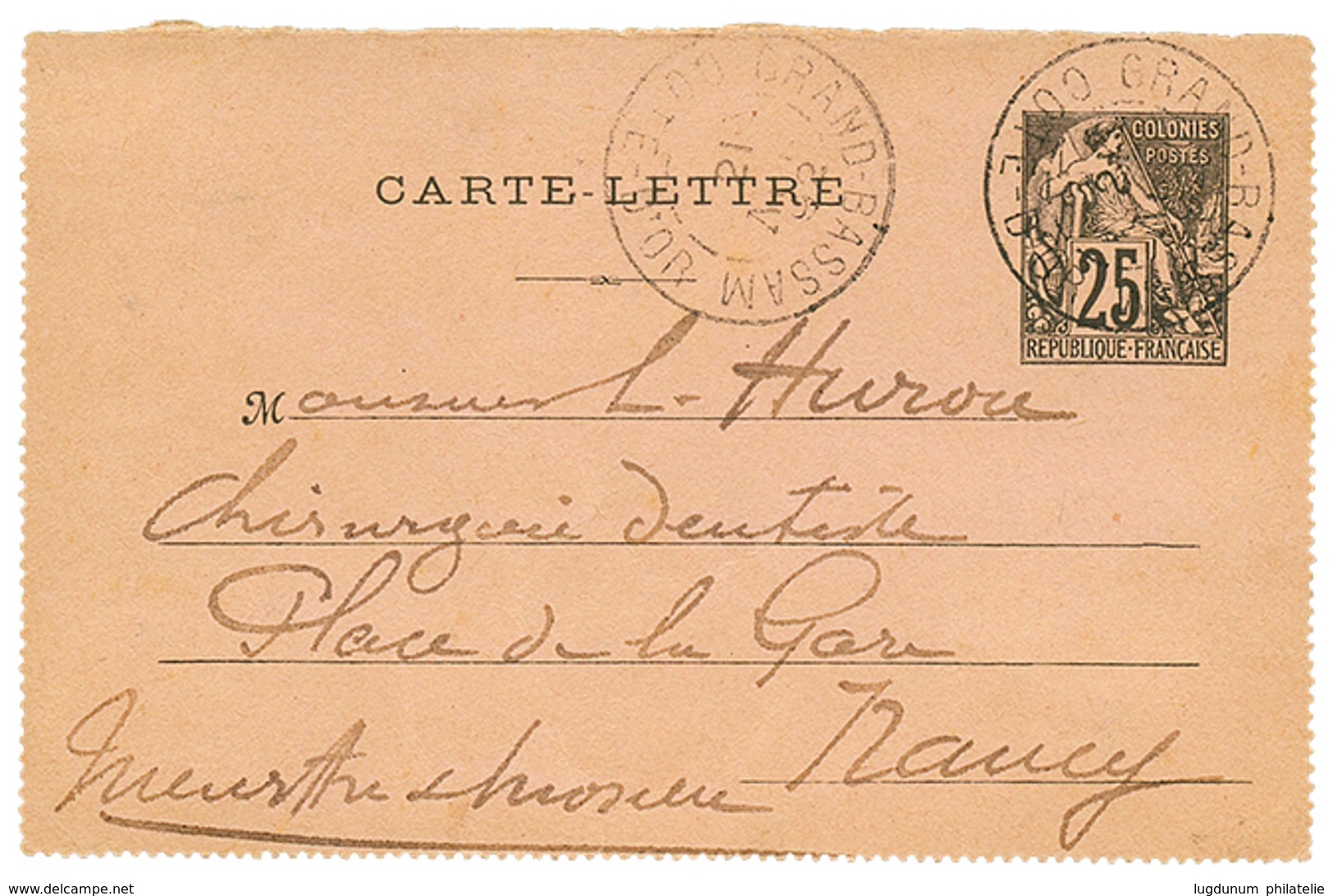 516 PRECURSEUR : 1892 COLONIES GENERALES Devant D' Entier Postal 25c Obl. GRAND-BASSAM COTE D'OR Pour La FRANCE. Oblitér - Other & Unclassified