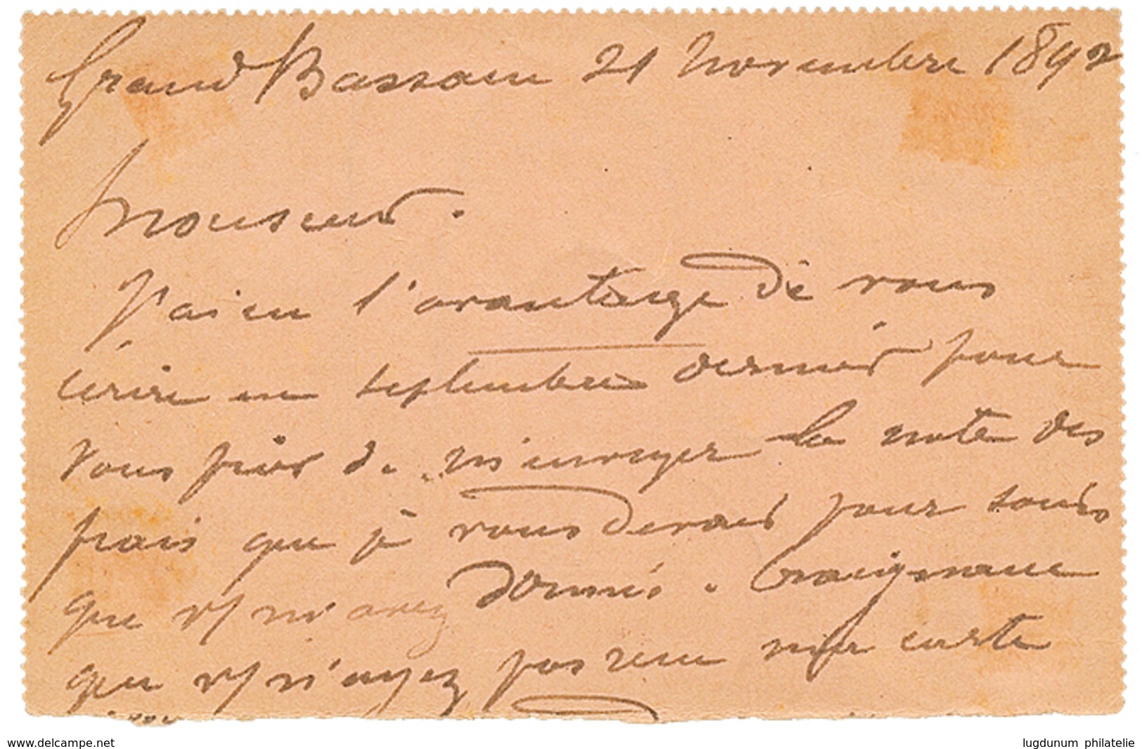 516 PRECURSEUR : 1892 COLONIES GENERALES Devant D' Entier Postal 25c Obl. GRAND-BASSAM COTE D'OR Pour La FRANCE. Oblitér - Sonstige & Ohne Zuordnung