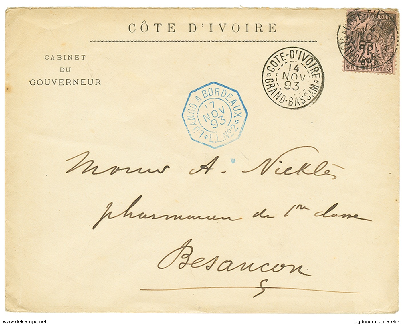 518 "PRECURSEUR" : 1893 COLONIE GENERALE 25c Obl. COTE-D'IVOIRE GRAND-BASSAM Sur Env. Pour La FRANCE. TB. - Autres & Non Classés