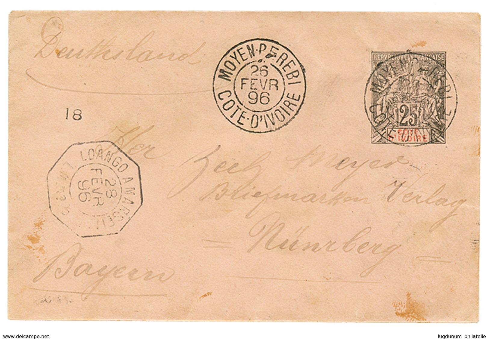 519 1896 Entier 25c Obl. MOYENBEREBI COTE-D'IVOIRE Pour La BAVIERE. Bureau Rare. TB. - Other & Unclassified