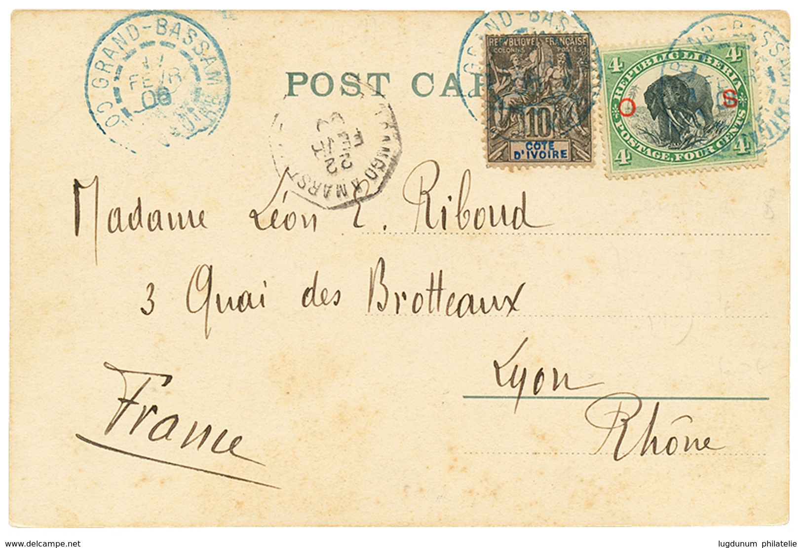 522 1906 COTE D'IVOIRE 10c + LIBERIA 4c Obl. GRAND-BASSAM COTE D'IVOIRE En Bleu Sur Carte Pour La FRANCE. Combinaison Ra - Sonstige & Ohne Zuordnung