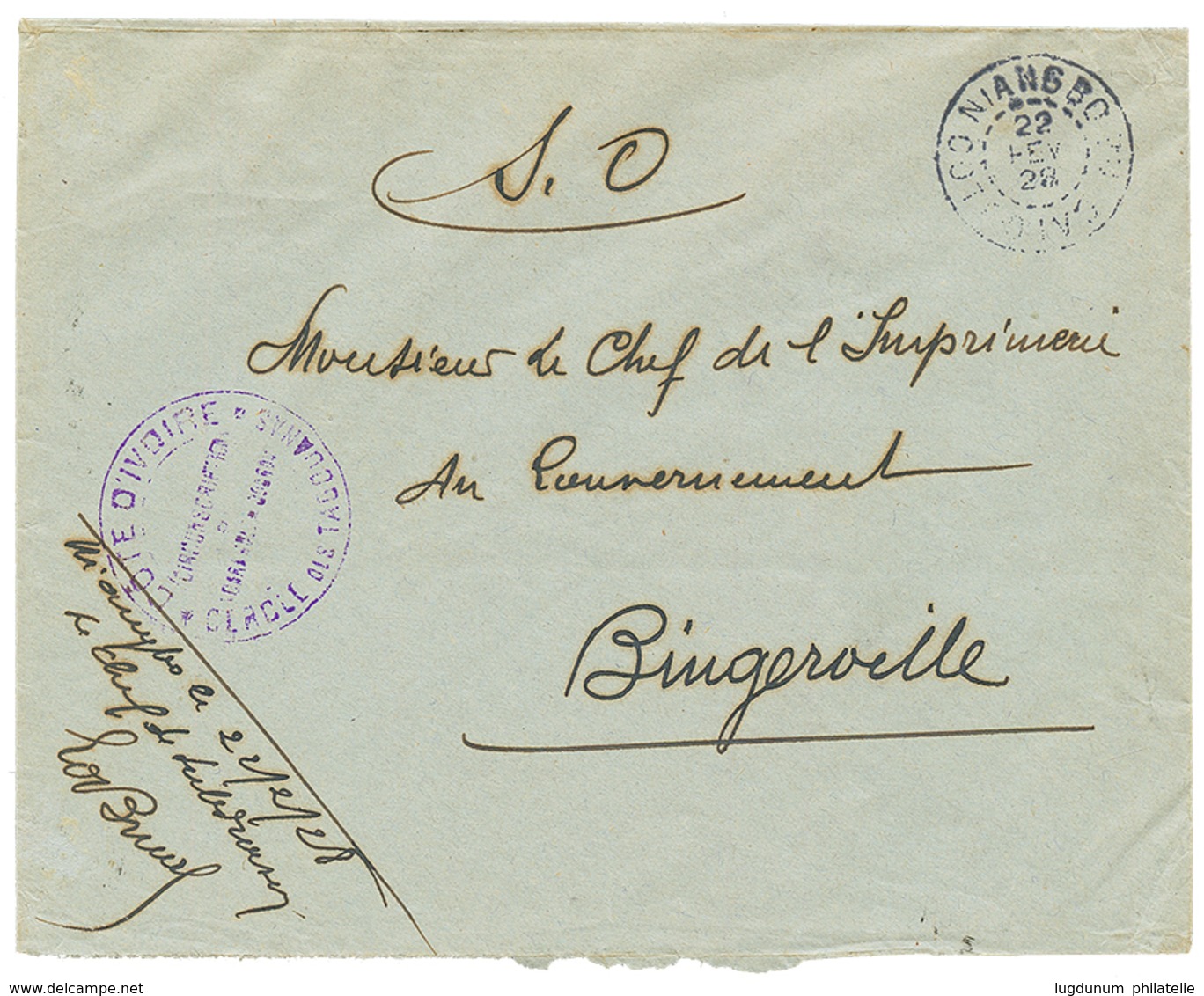 524 "NIANGBO" : 1928 NIANGBO COTE D'IVOIRE + COTE D'IVOIRE CERCLE DE TAGOUANAS En Violet Sur Enveloppe En FRANCHISE MILI - Altri & Non Classificati