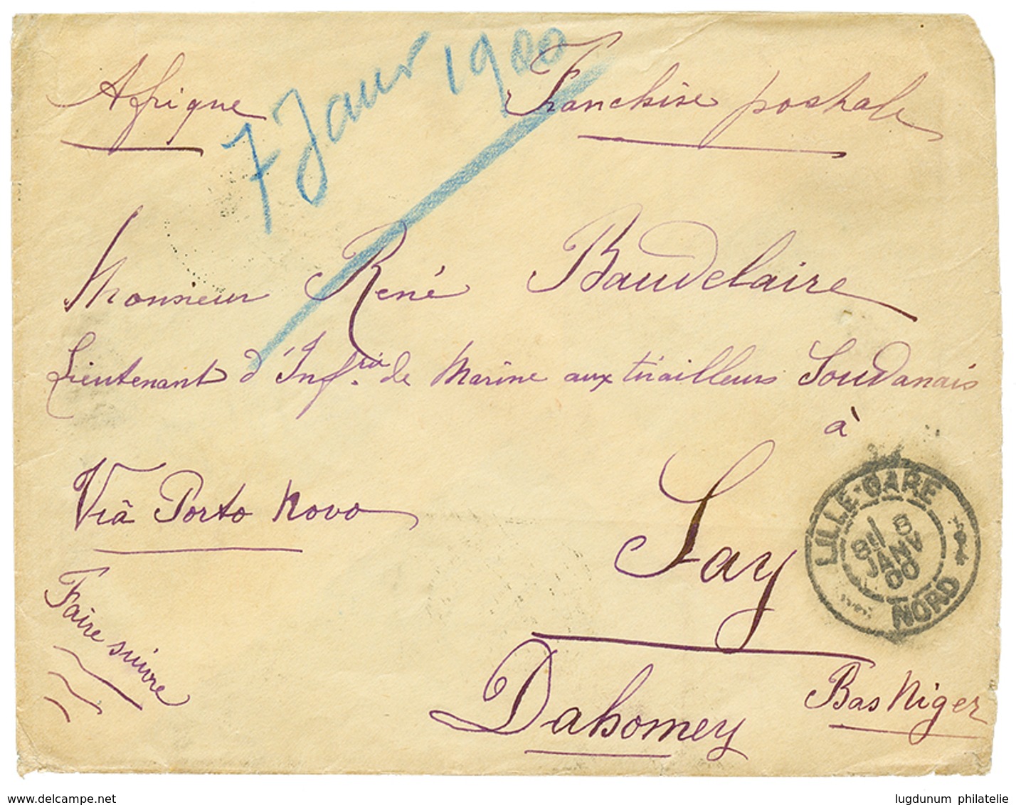 528 "POSTE Par PIETON" : 1900 Lettre De LILLE En Franchise Pour SAY BAS NIGER. Verso, 8 Cachets Différents. TB. - Autres & Non Classés