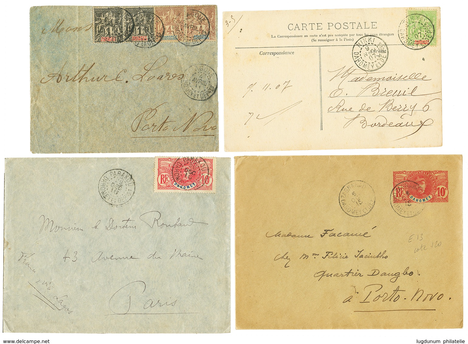 532 1907/15 Lot 4 Lettres (AGOUE Sur 1cx2+ 4cx2, NIKKI, PARAKOU, ZAGNANADO Sur Entier FAIDHERBES. TB. - Sonstige & Ohne Zuordnung