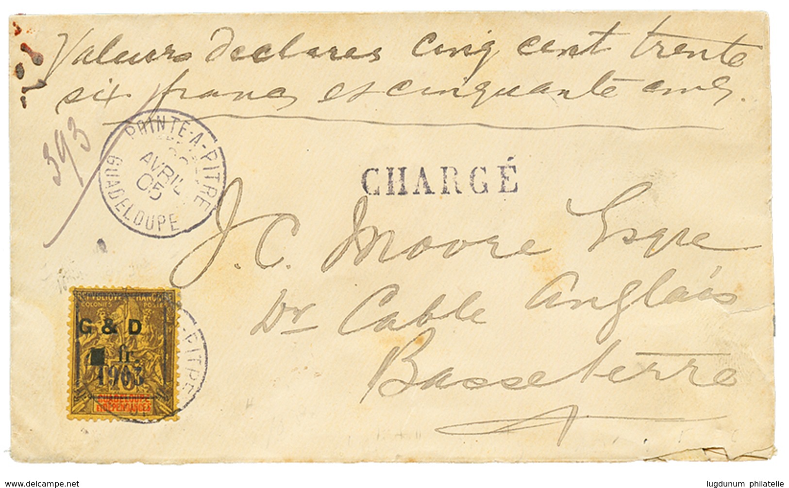 536 1905 Provisoire 1f S/ 75c (n°53) Sur Enveloppe CHARGEE De POINTE A PITRE Pour BASSE TERRE. Superbe. - Other & Unclassified