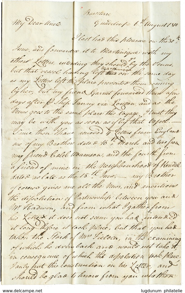 540 3ème Occupation Anglaise : GUADELOUPE 1810 (Lenain N°4) Faible + SHIP LETTER PORTSMOUTH + "H.M.S DOMINIQUE" Sur Lett - Autres & Non Classés