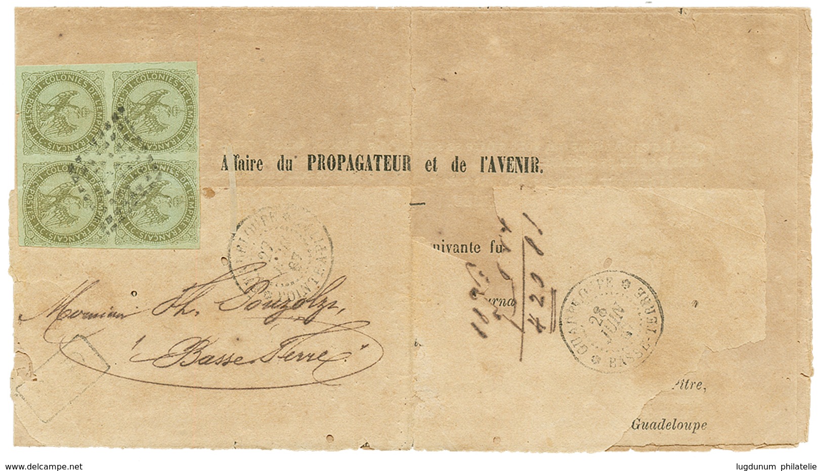 550 "Tarif Des IMPRIMES à 4c" : 1867 Bloc De 4 Du 1c AIGLE Obl. Sur IMPRIME Complet (papier Fragile) De POINTE-A-PITRE P - Sonstige & Ohne Zuordnung