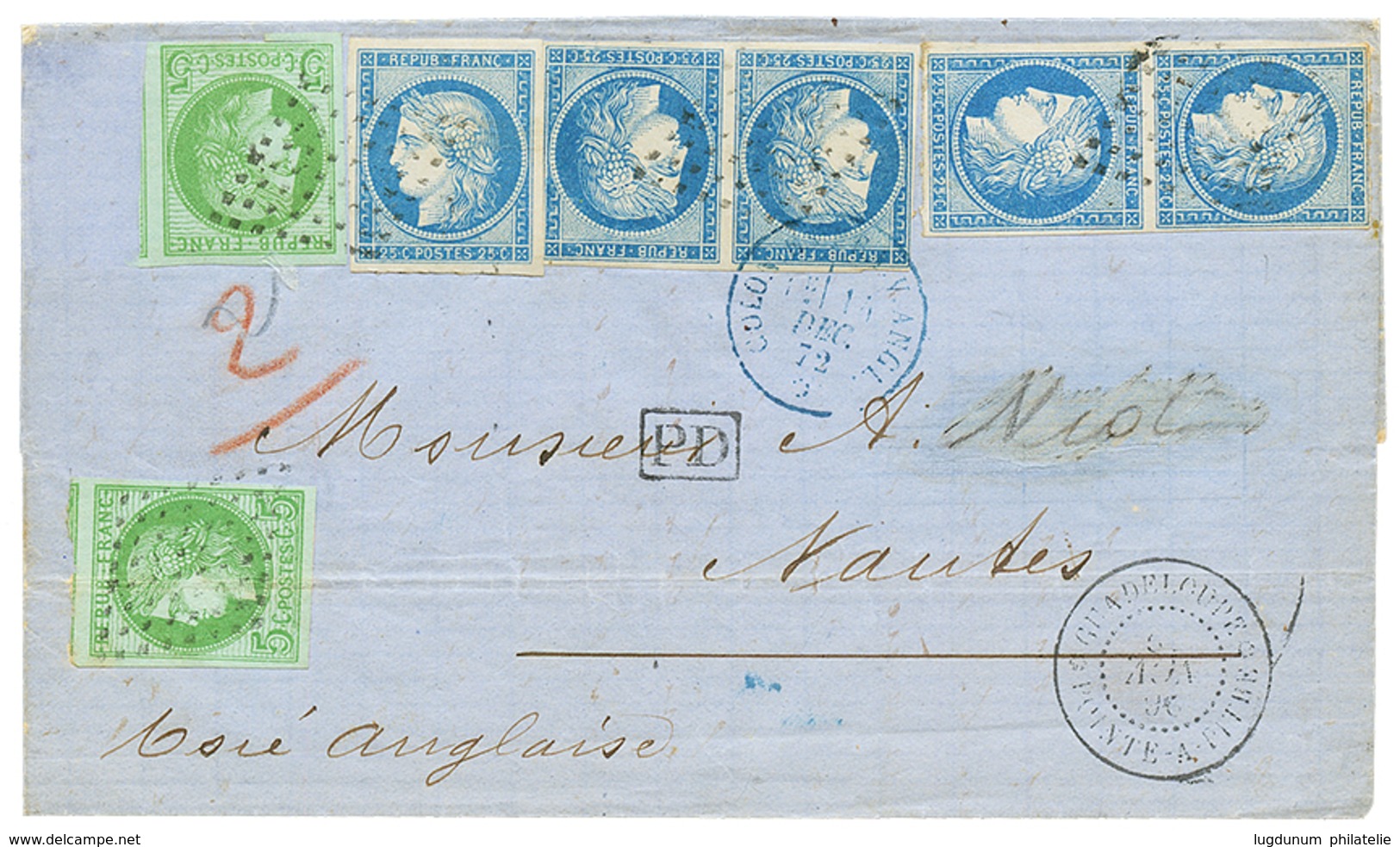 554 1872 CERES 5c(x2) Pd + 25c(x5) Sur Lettre De POINTE-A-PITRE Pour La FRANCE. TB. - Autres & Non Classés