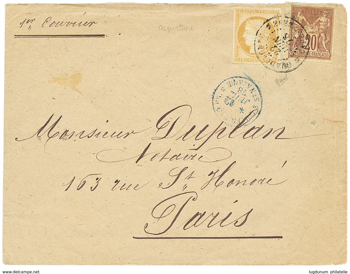 556 "CAPESTERRE" : 1878 CG 15c CERES(n°19 = 120€ Détaché) TB Margé +20c SAGE Obl. GUADELOUPE CAPESTERRE Sur Enveloppe Po - Sonstige & Ohne Zuordnung