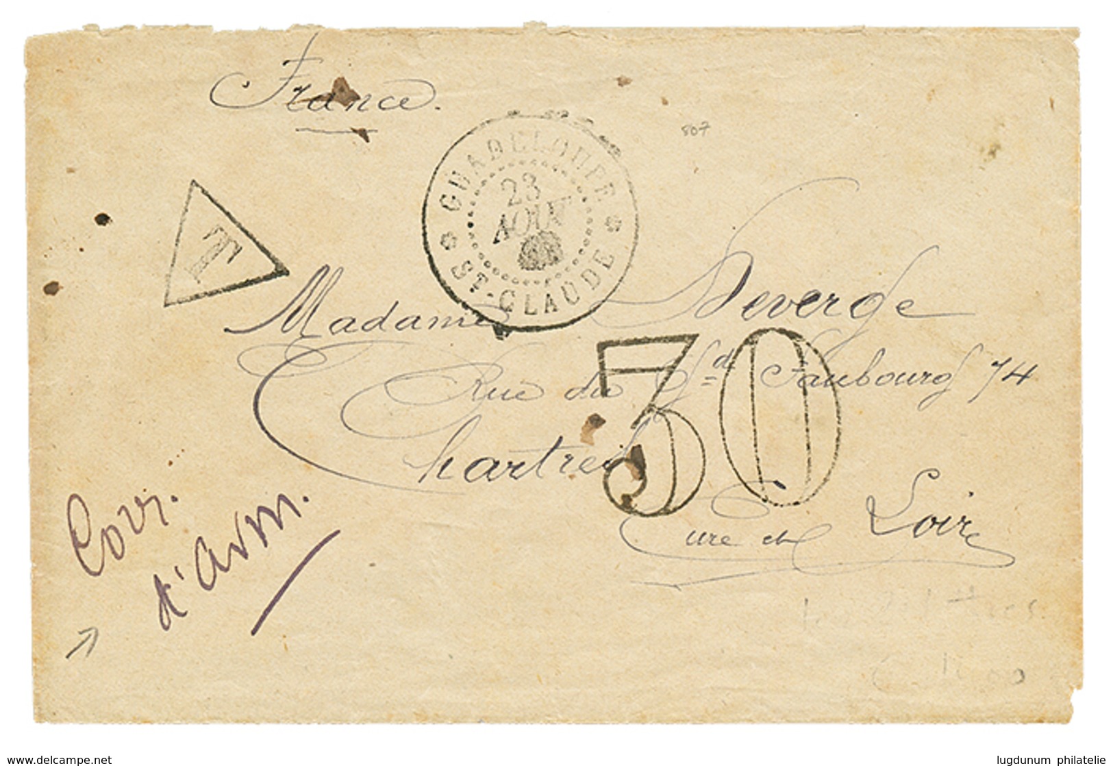 559 1880 GUADELOUPE ST CLAUDE + Taxe 30 D.T + "CORR. D'ARM." Manuscrit Sur Env. Pour La FRANCE. TTB. - Sonstige & Ohne Zuordnung