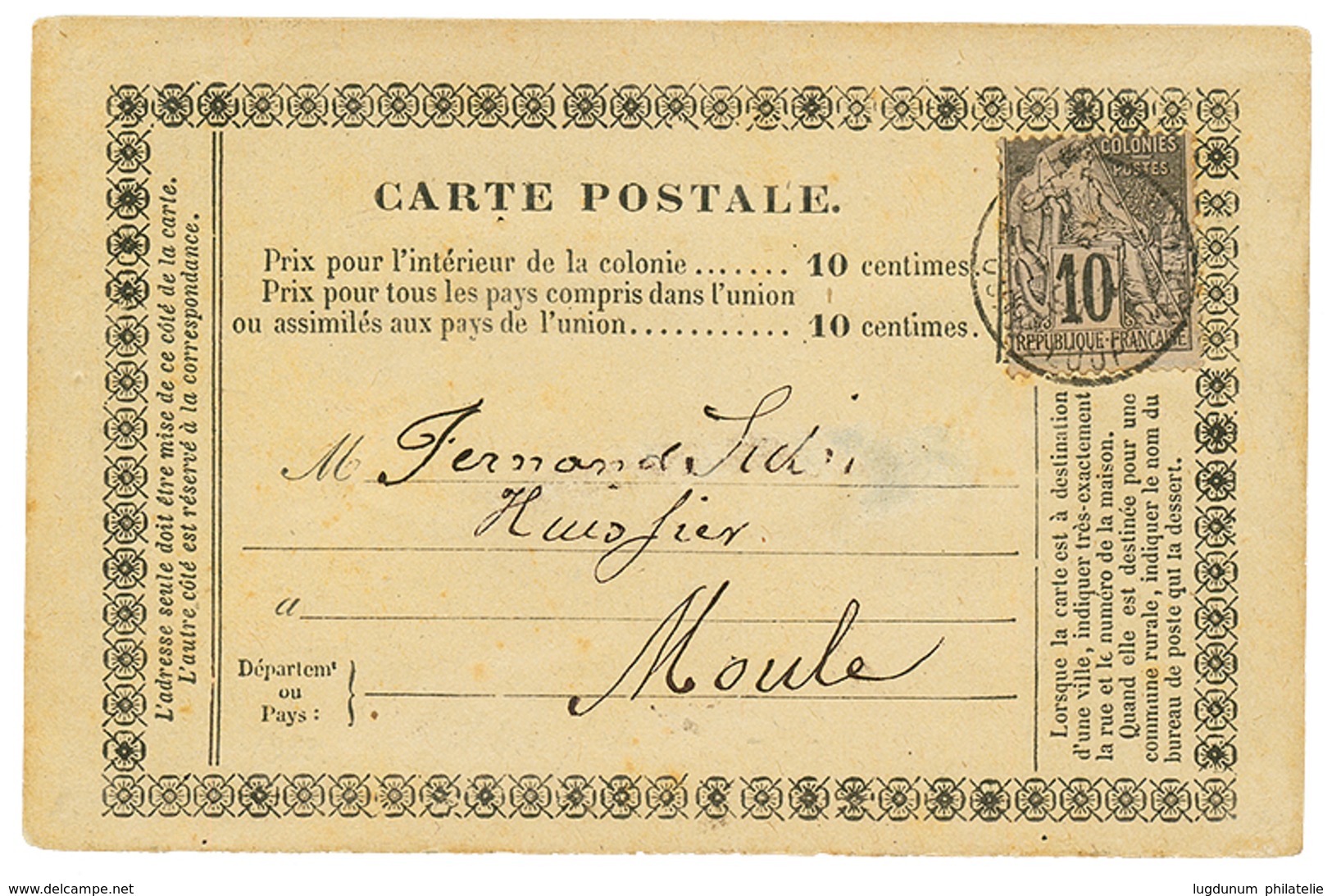 562 GUADELOUPE : 1891 CG 10c Obl. Sur CARTE PRECURSEUR Type Special(pd) Pour MOULE. TB. - Autres & Non Classés