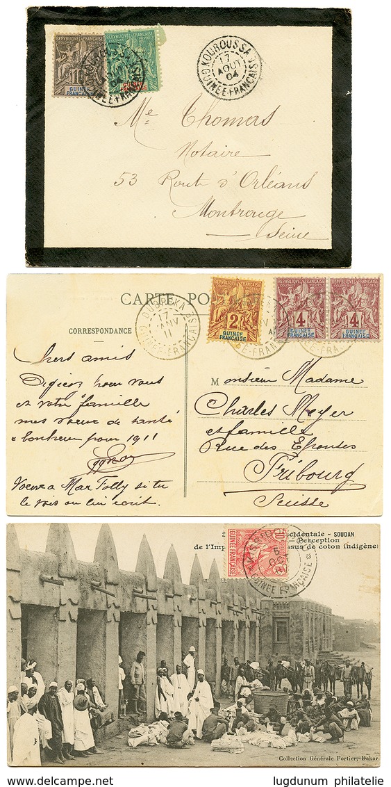 567 3 Lettres: 1904 5c+ 10c KOUROUSSA , 1911 2c+ 4c(x2) DUBREKA, 1907 10c KISSIDOUGOU + FARANAH. TB. - Sonstige & Ohne Zuordnung