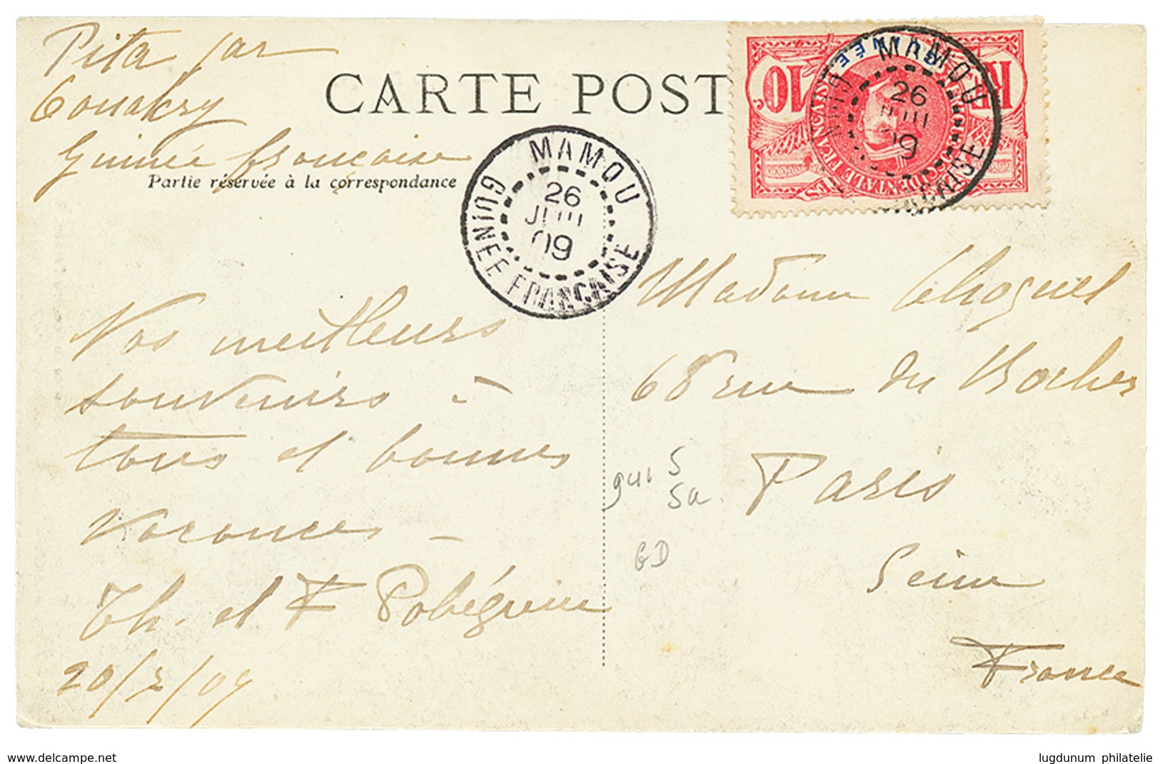 568 "MANOU" :1909 10c Obl. MANOU GUINEE Sur Carte Pour PARIS. Superbe. - Autres & Non Classés