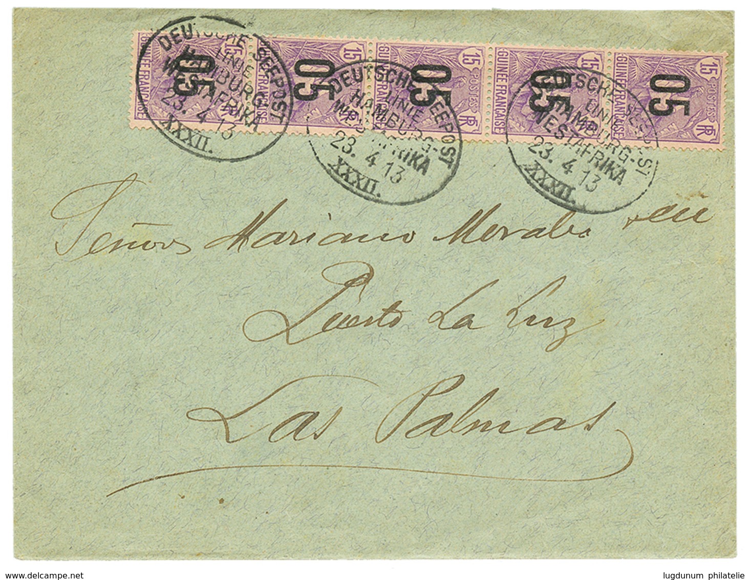 569 1913 05 S/ 15c(x5) Obl. DEUTSCHE SEEPOST XXXII Sur Enveloppe Pour LAS PALMAS (CANARIES). Superbe. - Autres & Non Classés