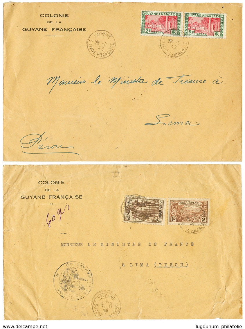 571 1940/42 2 Lettres Cençurées De CAYENNE Pour Le MINISTERE De FRANCE à LIMA PEROU. TB. - Autres & Non Classés