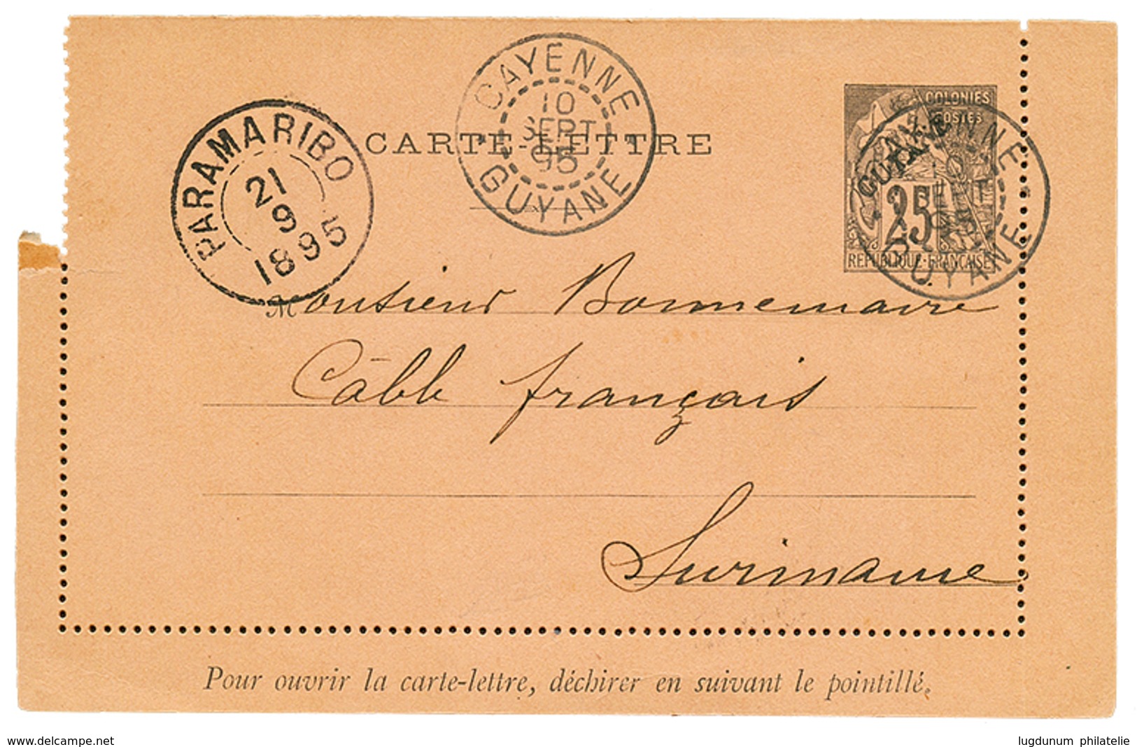 574 1895 Entier 25c Surch. GUYANE Obl. CAYENNE + Transit PARAMARIBO Pour SURINAME. TTB. - Sonstige & Ohne Zuordnung