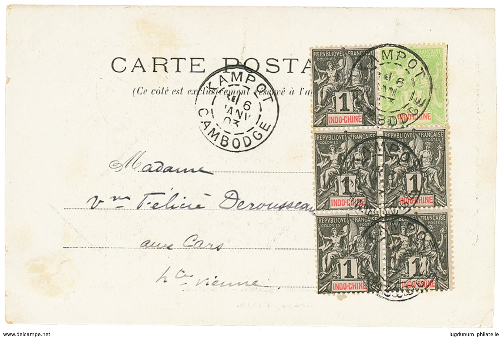 590 CAMBODGE : 1903 1c(x5) + 5c Obl. KAMPOT CAMBODGE Sur Carte Pour La FRANCE. Superbe. - Sonstige & Ohne Zuordnung