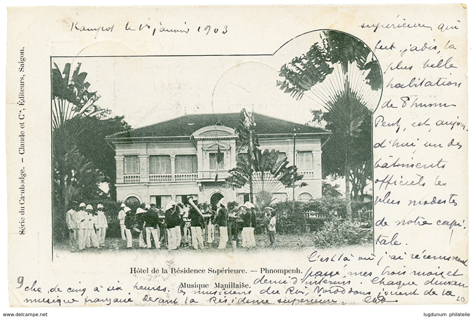 590 CAMBODGE : 1903 1c(x5) + 5c Obl. KAMPOT CAMBODGE Sur Carte Pour La FRANCE. Superbe. - Sonstige & Ohne Zuordnung