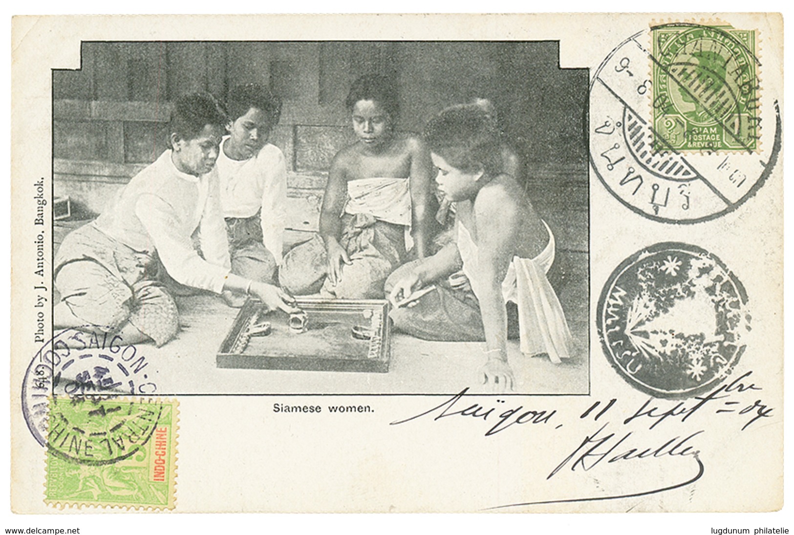 591 1904 INDOCHINE 5c Obl. SAIGON + THAILAND 1a (def) Obl. CHANTABURI Sur Carte Pour La FRANCE. TB. - Sonstige & Ohne Zuordnung