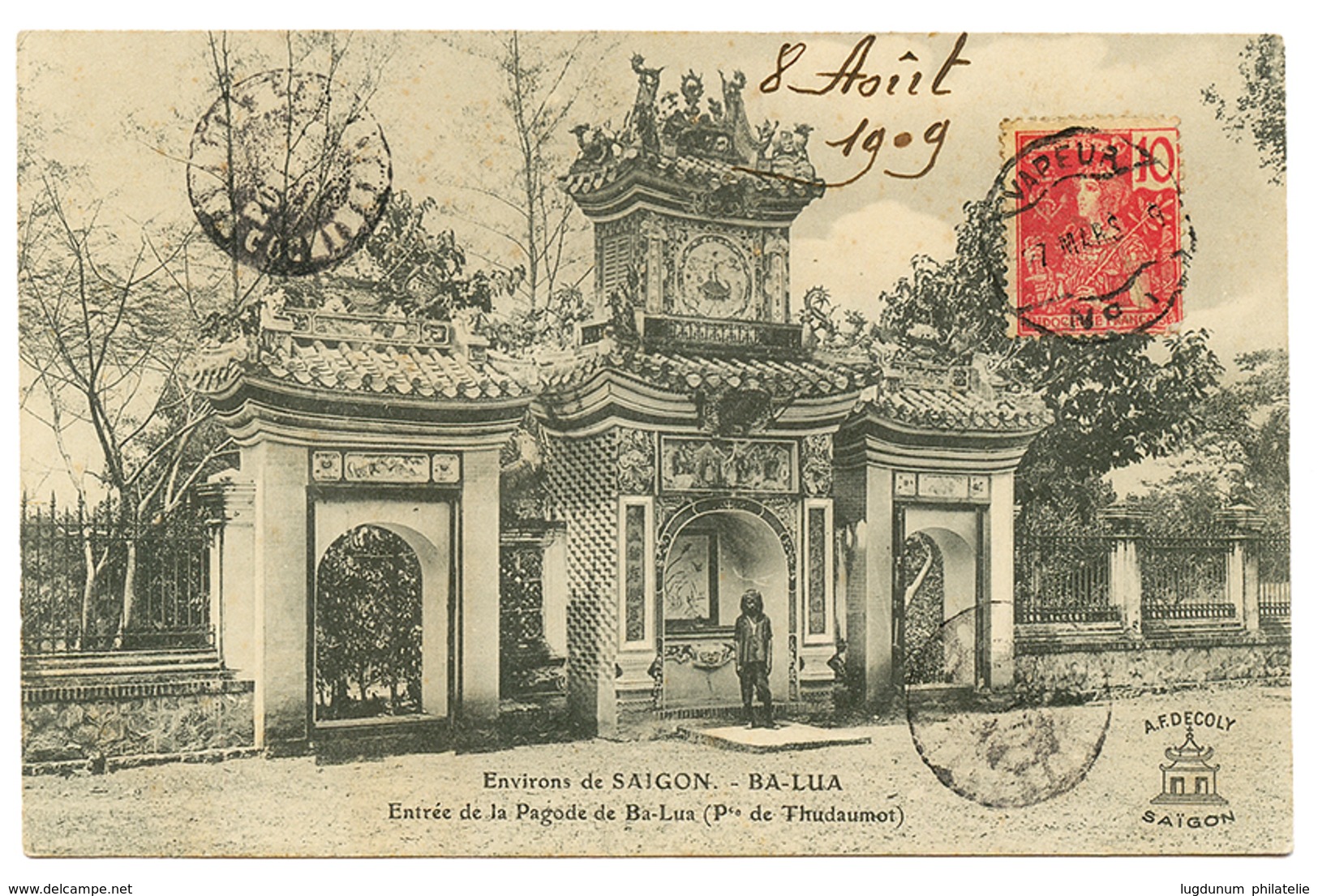 592 1909 INDOCHINE 10c Obl. VAPEUR N°1 Sur Carte Pour La FRANCE. Superbe. - Autres & Non Classés