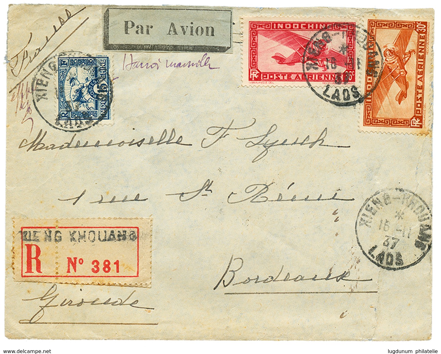 593 1937 INDOCHINE 15c+ 30c+ 36c Obl. XIENG-KHOUANG LAOS Sur Env. RECOM. PAR AVION Pour La FRANCE. TB. - Sonstige & Ohne Zuordnung