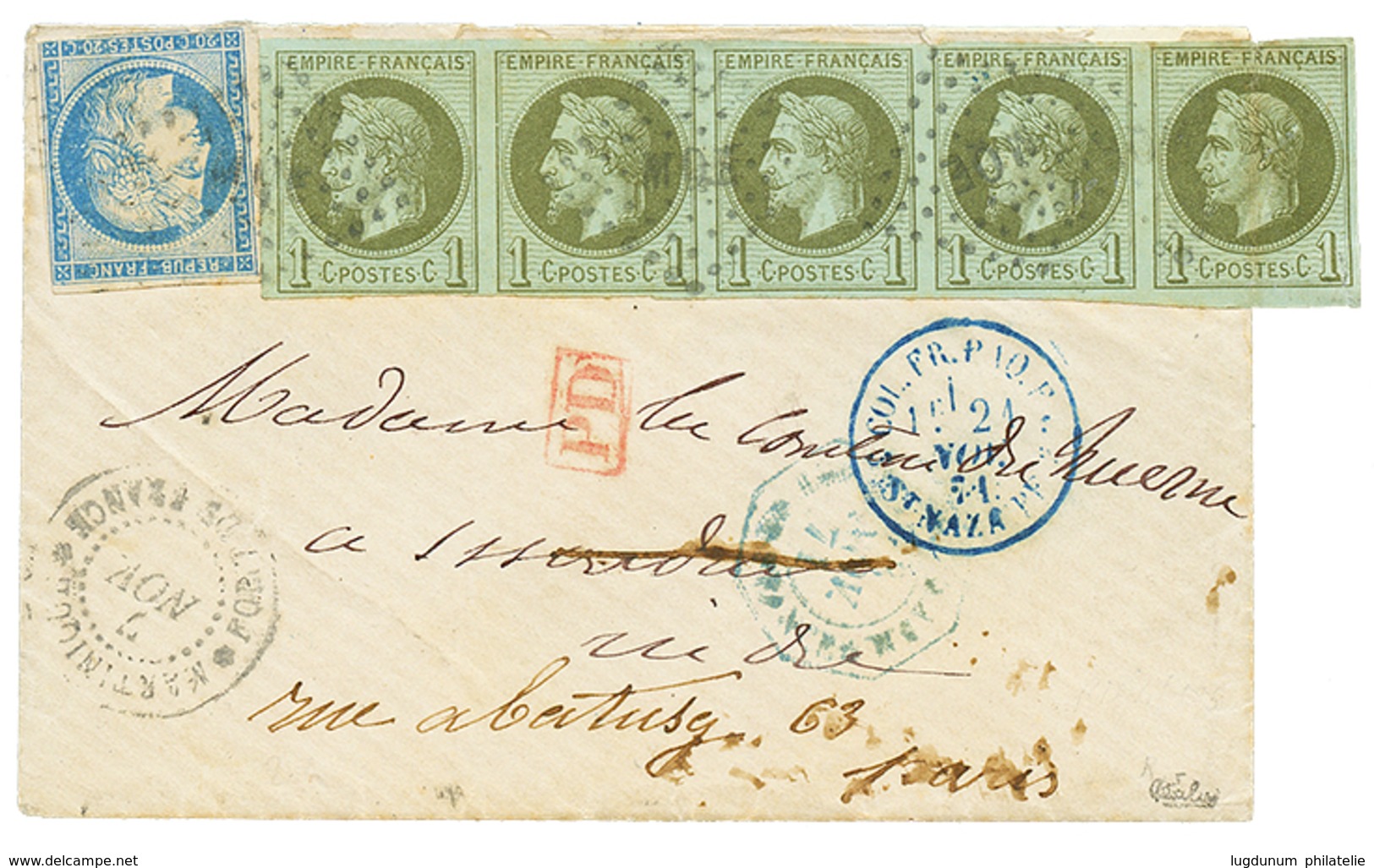 605 MARTINIQUE : 1871 CG 20c CERES + Bande De 5 Du 1c LAURE (1 Ex. Avec Pli) Obl. MQE Sur Enveloppe Au Tarif Militaire D - Sonstige & Ohne Zuordnung