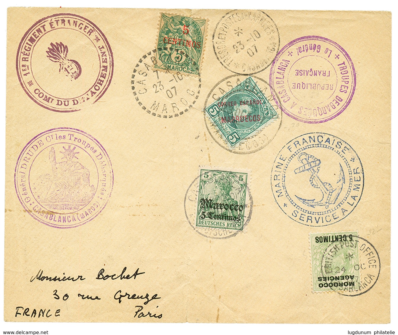 614 1907 Lettre Pour PARIS Avec Timbres Des 4 Bureaux Etrangers à CASABLANCA. TTB. - Sonstige & Ohne Zuordnung