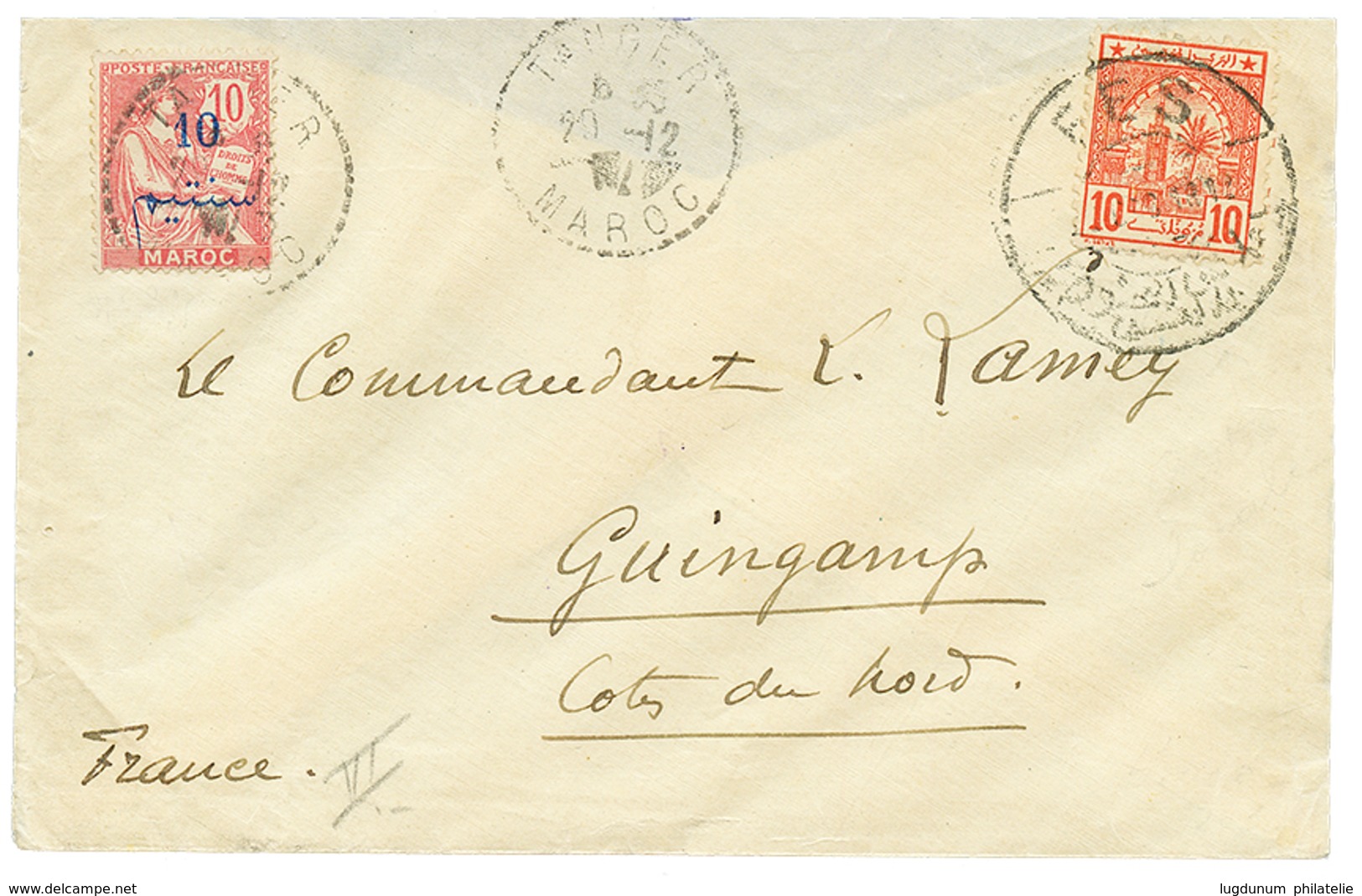 616 1912 MIXTE MAROC 10 S/ 10c Obl. TANGER + POSTES CHERIFIENNES 10c Obl. FES Sur Enveloppe Pour La FRANCE. Verso, Griff - Sonstige & Ohne Zuordnung