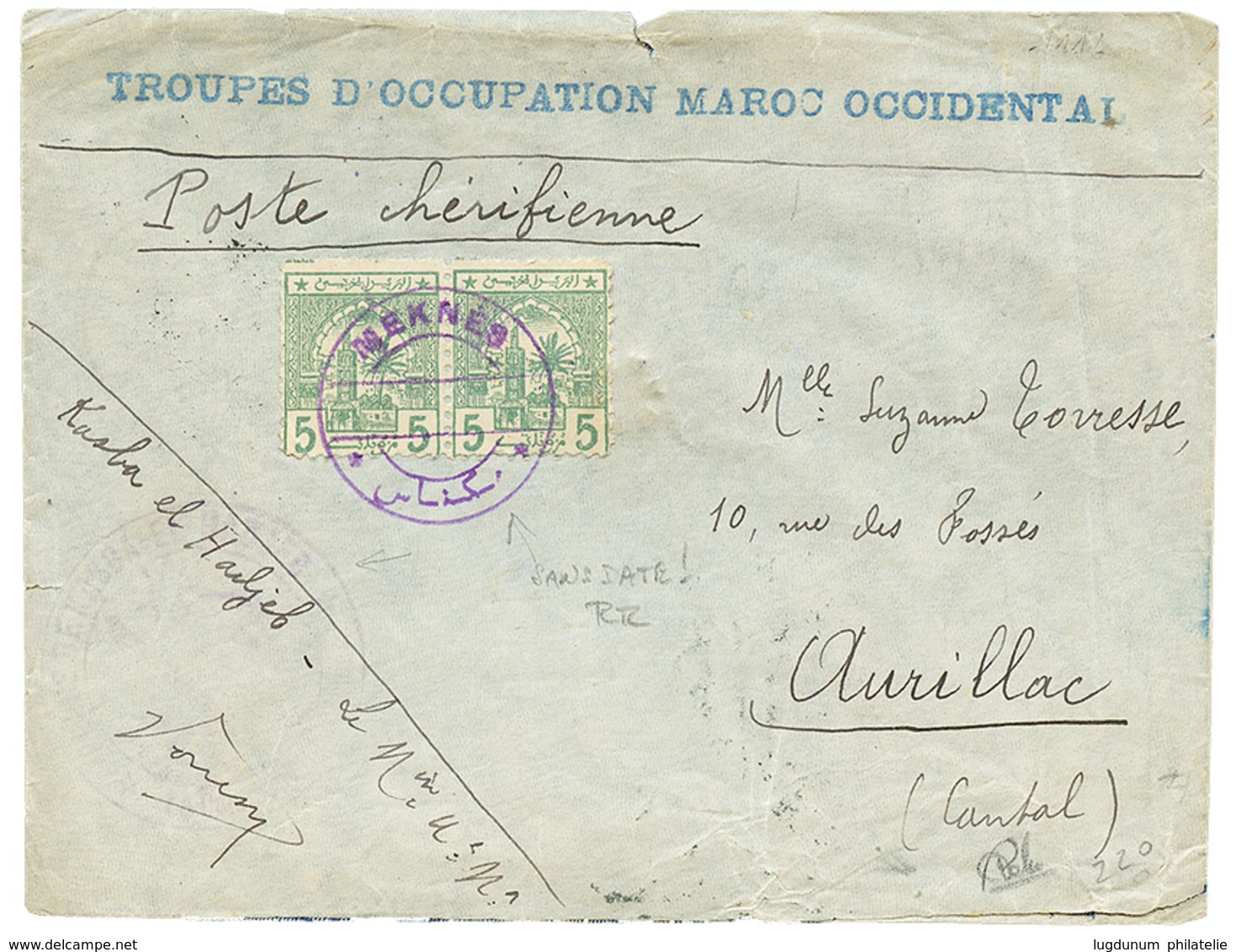 617 1913 POSTE CHERIFIENNES 5c(x2) Obl. MEKNES Sur Envelope De Militaire Pour La FRANCE. RARE. TTB. - Autres & Non Classés