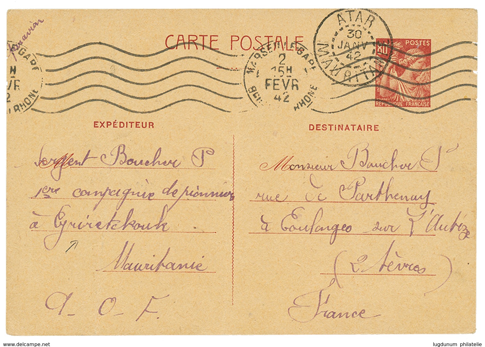 622 1942 CARTE INTER-ZONE 80c IRIS Daté "GRIRETCHOUK" Obl. ATAR MAURITANIE Pour La FRANCE. Superbe. - Autres & Non Classés