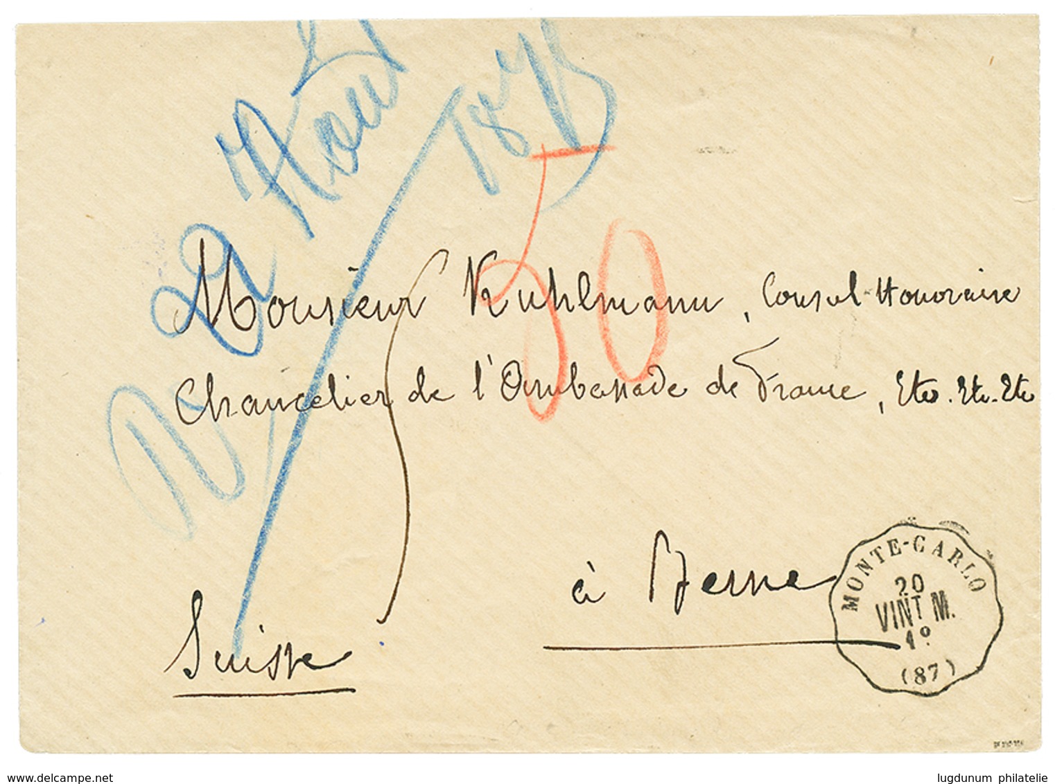 624 1875 Cachet Convoyeur MONTE-CARLO/VINT.M + Taxe 50 Sur Enveloppe Pour La SUISSE. RARE. Superbe. - Sonstige & Ohne Zuordnung