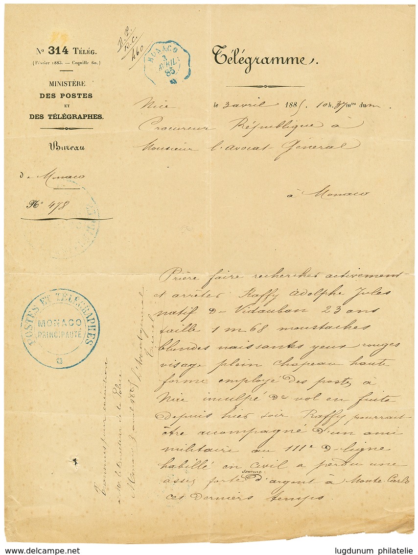 625 1885 Rare Cachet Télégraphique MONACO + POSTES ET TELEGRAPHES/ MONACO PRINCIPAUTE Sur TELEGRAMME. TTB. - Autres & Non Classés