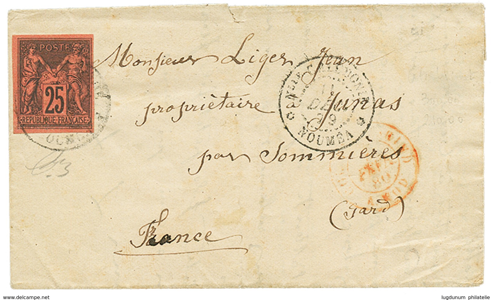 631 1879 COLONIES GENERALES 25c SAGE Noir Sur Rouge TTB Margé Obl. NOUMEA Sur Lettre Pour La FRANCE. TTB. - Sonstige & Ohne Zuordnung