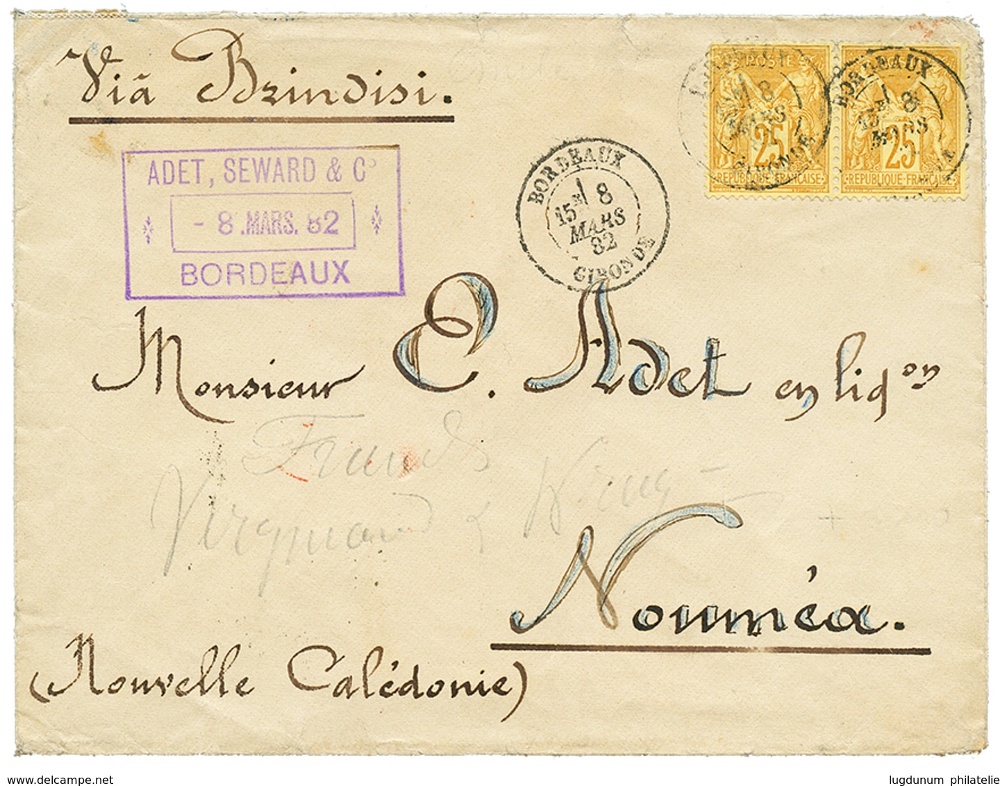 632 "Cachet De BOITE MOBILE N.C POSTE B.M NOUMEA-SYDNEY" : 1882 FRANCE Paire 25c SAGE Obl. BORDEAUX Sur Enveloppe Pour N - Autres & Non Classés