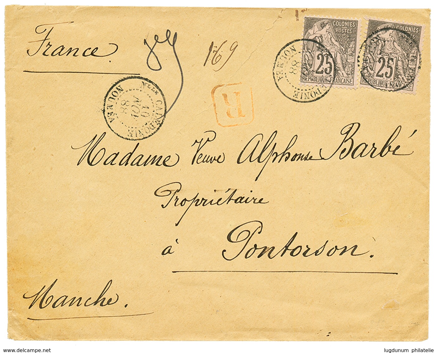 634 1888 COLONIES GENERALES 25c(x2) Obl. NOUMEA Sur Enveloppe RECOMMANDE Pour La FRANCE. Superbe. - Autres & Non Classés