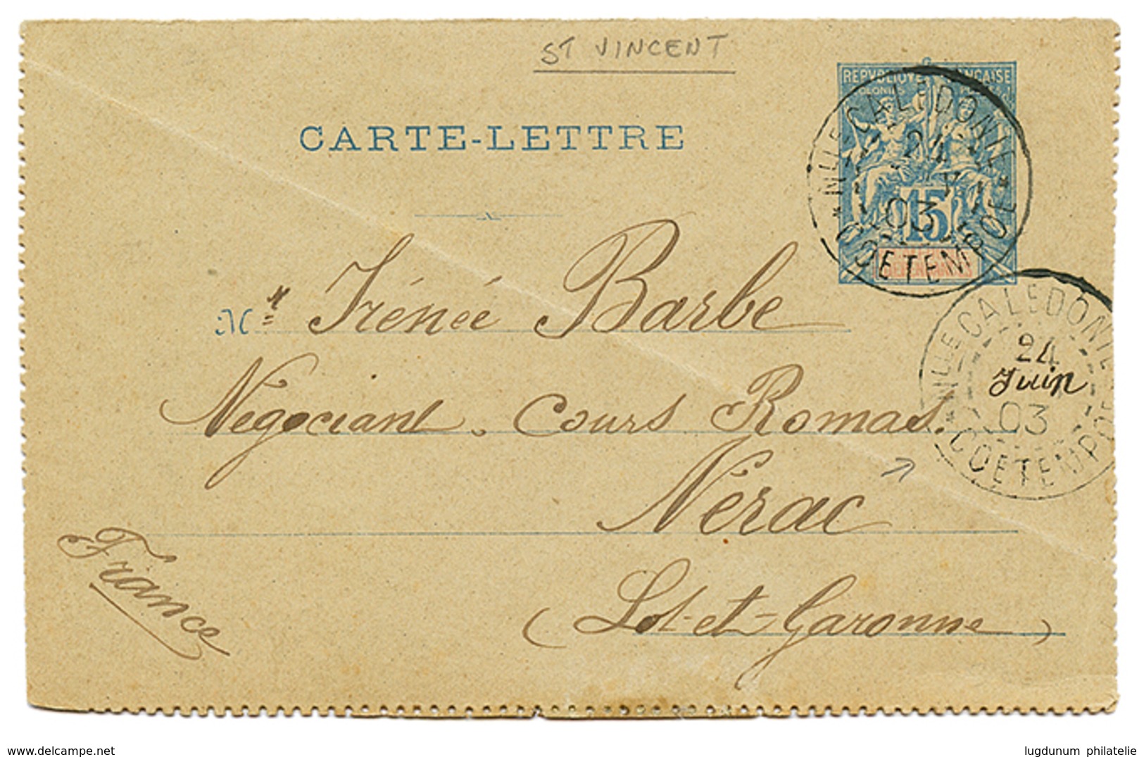 651 "ST VINCENT Via COETEMPOE" : 1903 Entier 15c Daté "ST VINCENT" Obl. NLLE CALEDONIE COETEMPOE (dateur Manuscrit) Pour - Sonstige & Ohne Zuordnung